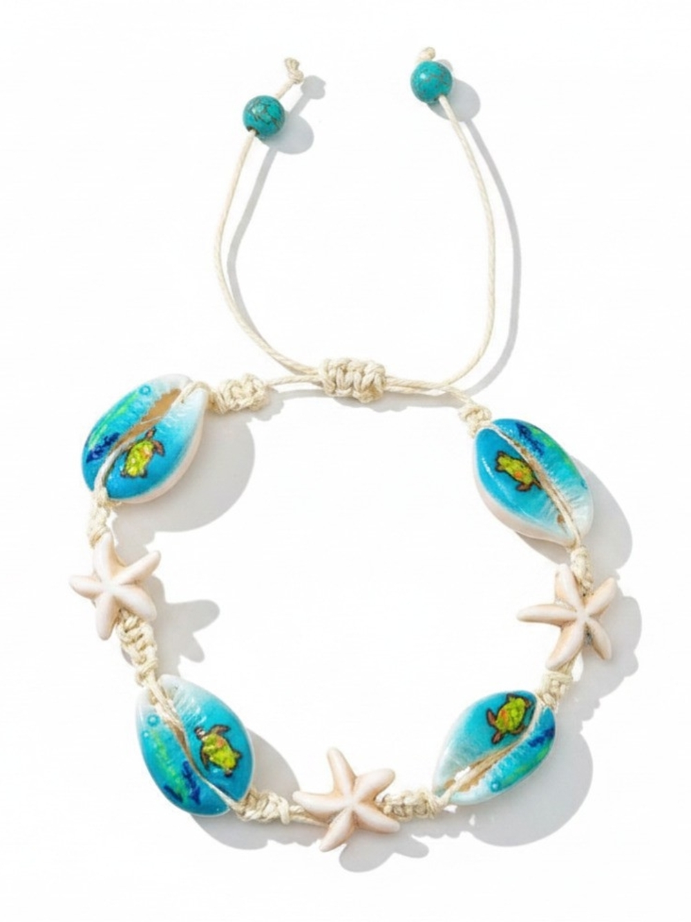 Natural‎ Sea Shell & Starfish Anklet / Bracelet Painted in Turquoise Adjustable